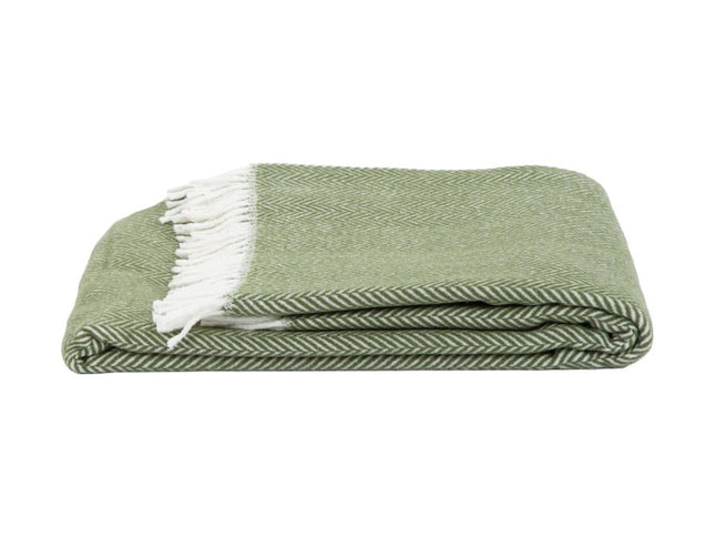 55" X 70" Moss Green And White Cotton Blend Woven Herringbone Plush Throw Blanket with Tassels