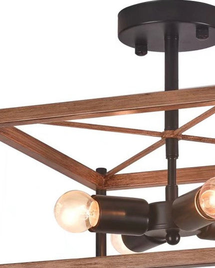 Industrial Wood Square Four Light Ceiling Fixture