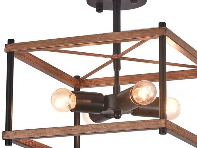 Industrial Wood Square Four Light Ceiling Fixture