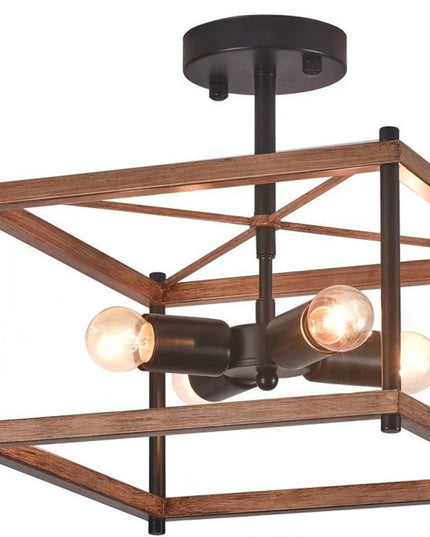 Industrial Wood Square Four Light Ceiling Fixture