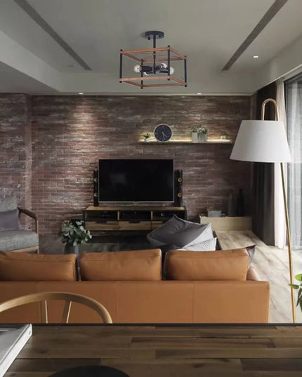 Industrial Wood Square Four Light Ceiling Fixture