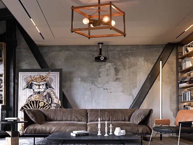 Industrial Wood Square Four Light Ceiling Fixture