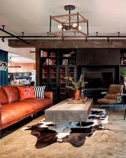 Industrial Wood Square Four Light Ceiling Fixture