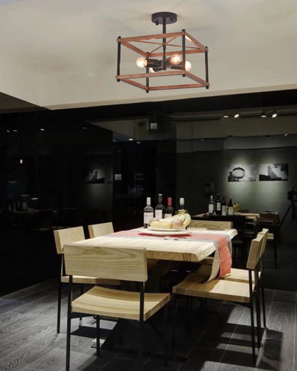 Industrial Wood Square Four Light Ceiling Fixture