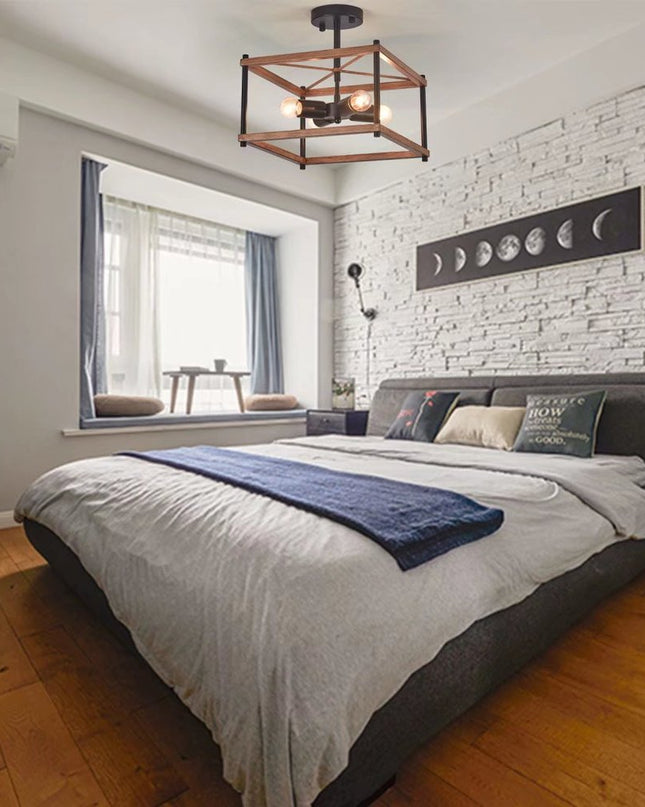 Industrial Wood Square Four Light Ceiling Fixture