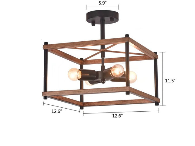 Industrial Wood Square Four Light Ceiling Fixture