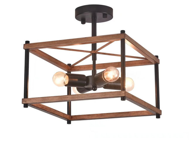 Industrial Wood Square Four Light Ceiling Fixture