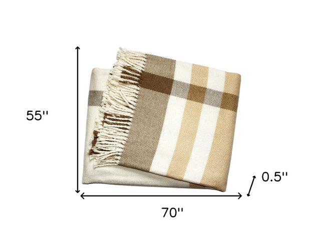 Plush Multi Beige Plaid Throw Blanket with Tassels