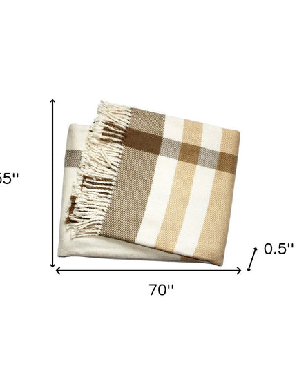 Plush Multi Beige Plaid Throw Blanket with Tassels