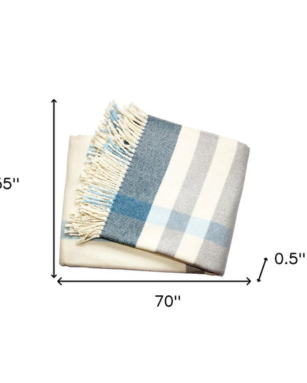 Plush Multi Blue Plaid Throw Blanket with Tassels