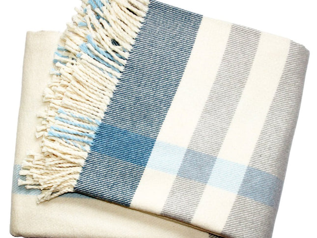 Plush Multi Blue Plaid Throw Blanket with Tassels