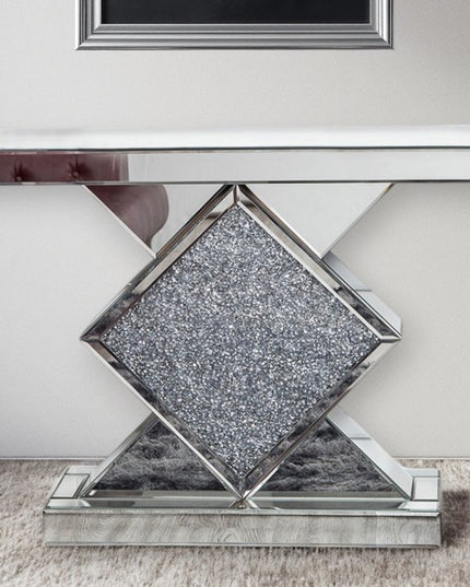 47" Clear and Silver Mirrored Glass And Faux Crystals Pedestal Console Table