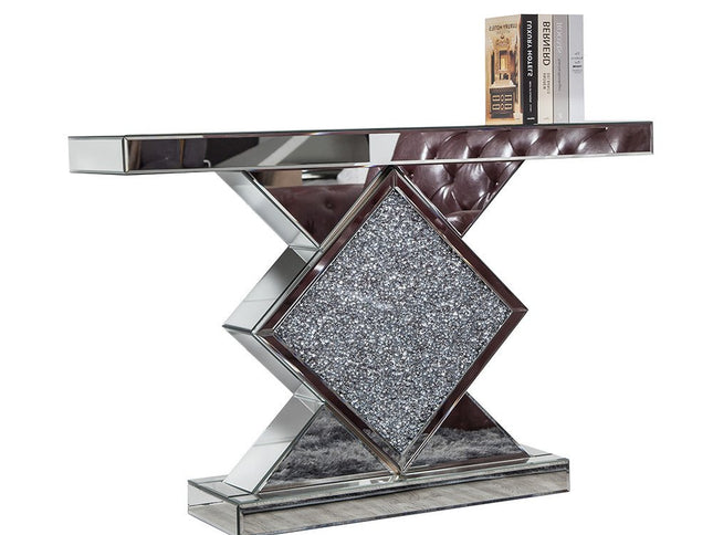 47" Clear and Silver Mirrored Glass And Faux Crystals Pedestal Console Table