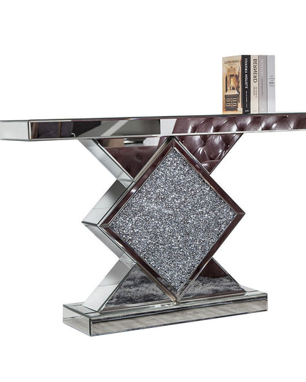 47" Clear and Silver Mirrored Glass And Faux Crystals Pedestal Console Table