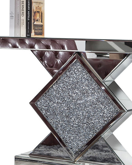 47" Clear and Silver Mirrored Glass And Faux Crystals Pedestal Console Table