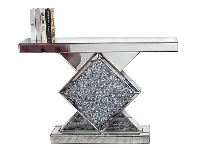 47" Clear and Silver Mirrored Glass And Faux Crystals Pedestal Console Table