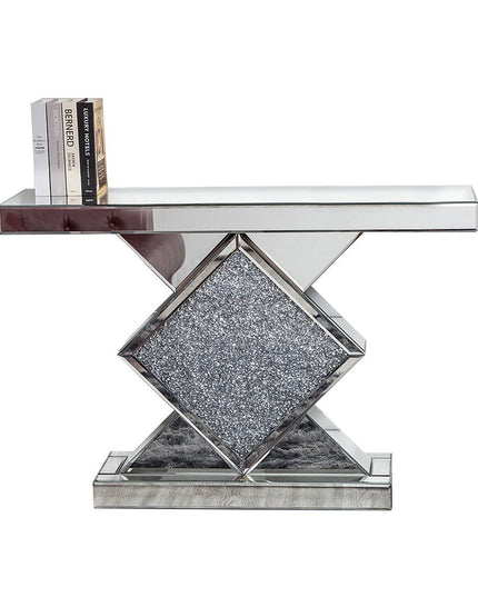 47" Clear and Silver Mirrored Glass And Faux Crystals Pedestal Console Table