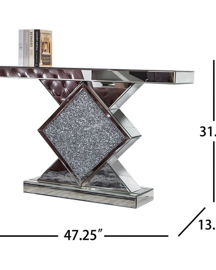 47" Clear and Silver Mirrored Glass And Faux Crystals Pedestal Console Table