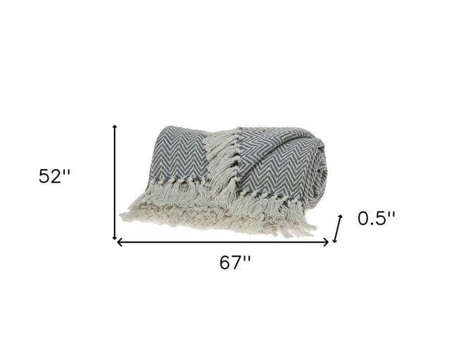 Handloomed Dark Gray Cotton Throw Blanket with Tassels