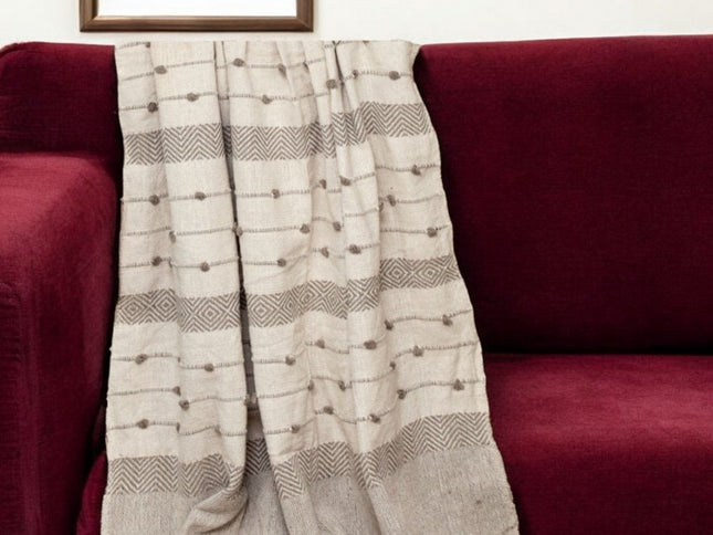 Tufted Beige Fringed Woven Handloom Throw