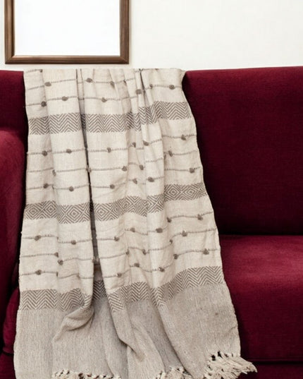Tufted Beige Fringed Woven Handloom Throw