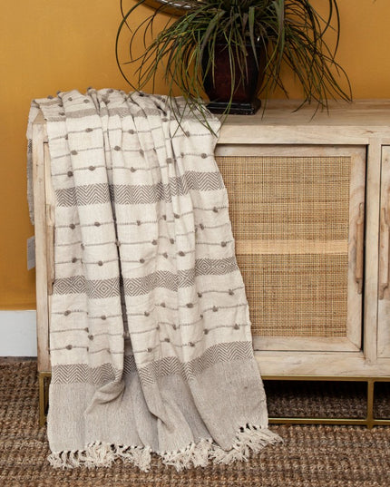 Tufted Beige Fringed Woven Handloom Throw