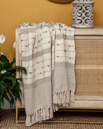 Tufted Beige Fringed Woven Handloom Throw