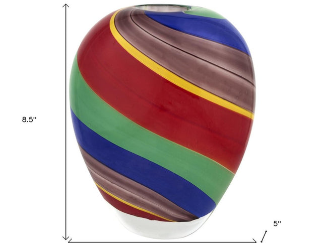 9" Red Blue and Green Striped Round Glass Table Vase