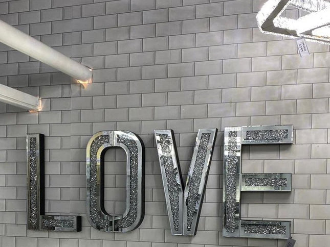 Silver Mirrored Mosaic Crystal Bling LOVE Wall Decor