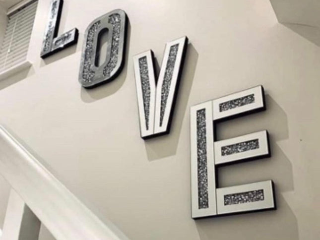 Silver Mirrored Mosaic Crystal Bling LOVE Wall Decor