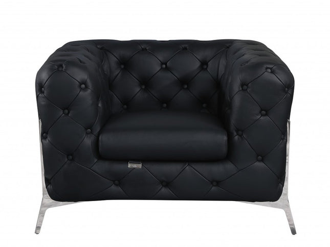 45" Black And Silver Italian Leather Tufted Chesterfield Chair