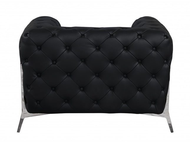 45" Black And Silver Italian Leather Tufted Chesterfield Chair