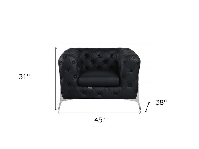45" Black And Silver Italian Leather Tufted Chesterfield Chair