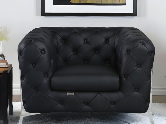 45" Black And Silver Italian Leather Tufted Chesterfield Chair