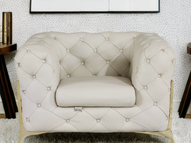 45" Beige And Gold Italian Leather Tufted Chesterfield Chair