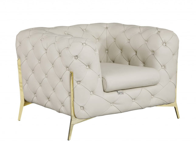 45" Beige And Gold Italian Leather Tufted Chesterfield Chair