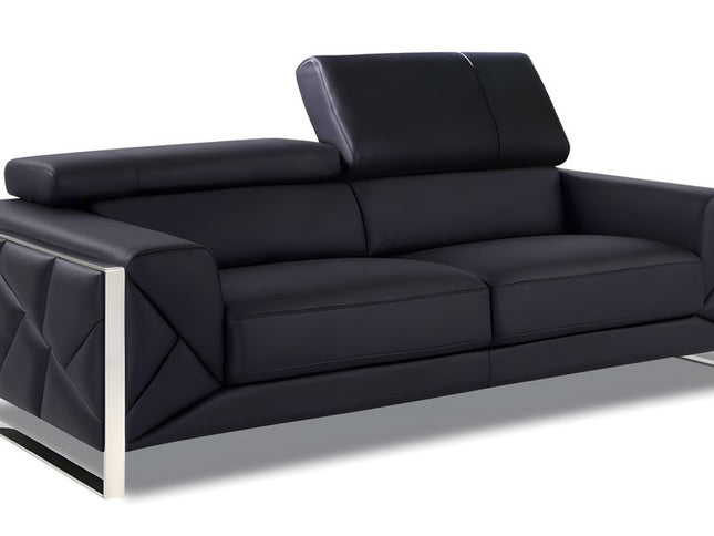 89" Black Italian Leather Sofa With Silver Legs