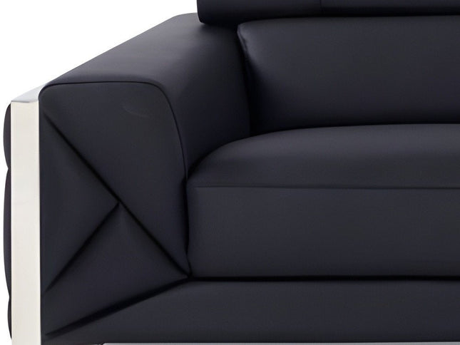 89" Black Italian Leather Sofa With Silver Legs