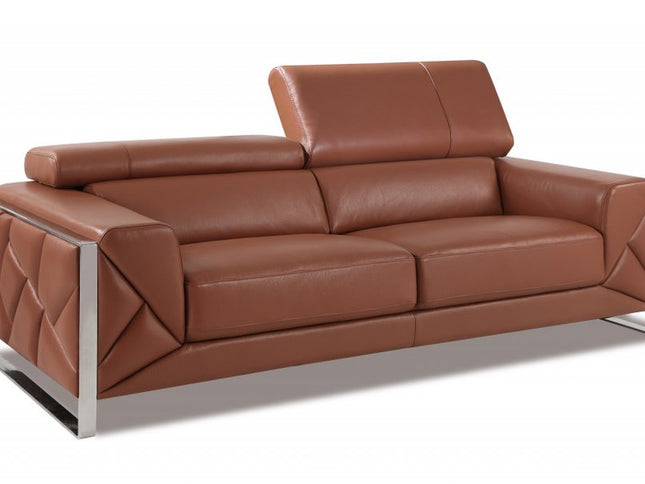 89" Camel Italian Leather Sofa With Silver Legs