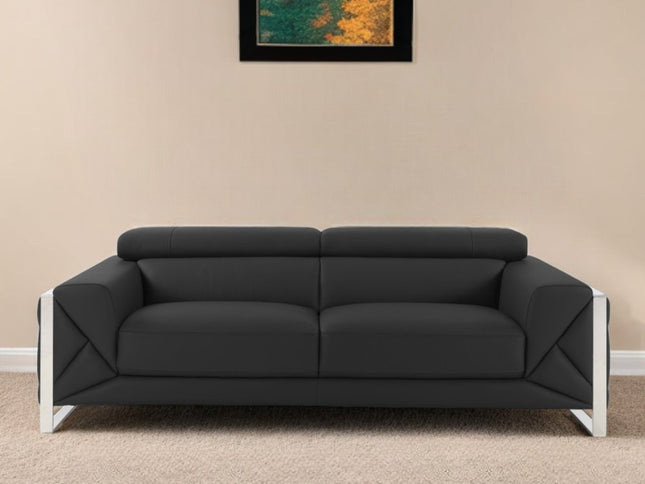 89" Dark Gray Italian Leather Sofa With Silver Legs