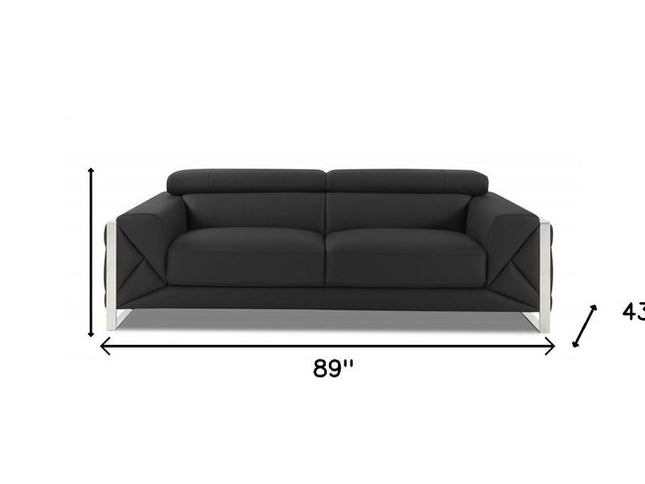 89" Dark Gray Italian Leather Sofa With Silver Legs
