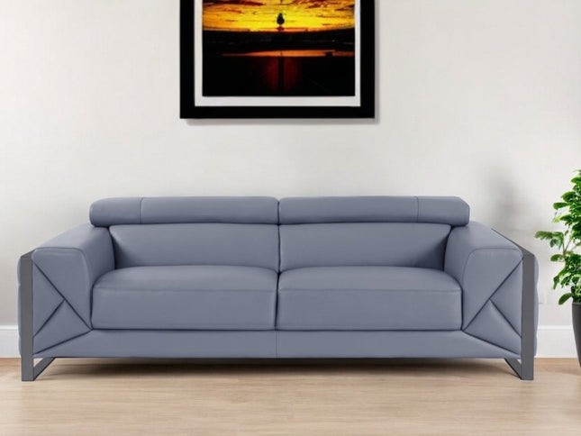 89" Light Blue Italian Leather Sofa With Chrome Legs