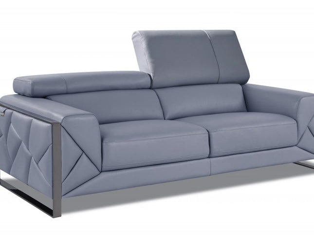 89" Light Blue Italian Leather Sofa With Chrome Legs