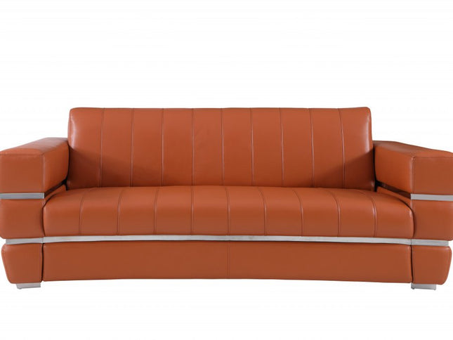 89" Camel Italian Leather Sofa With Silver Legs