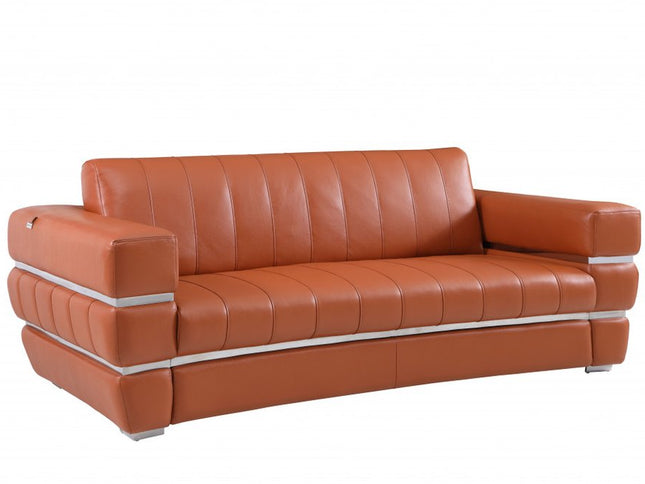 89" Camel Italian Leather Sofa With Silver Legs