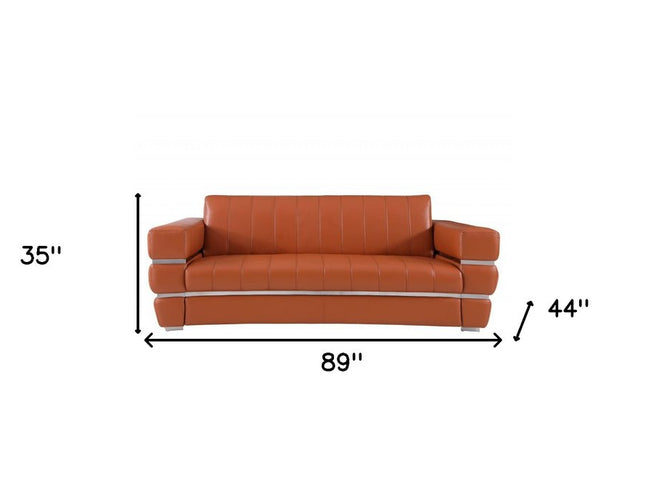 89" Camel Italian Leather Sofa With Silver Legs
