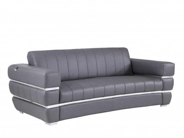 89" Dark Gray Italian Leather Sofa With Silver Legs