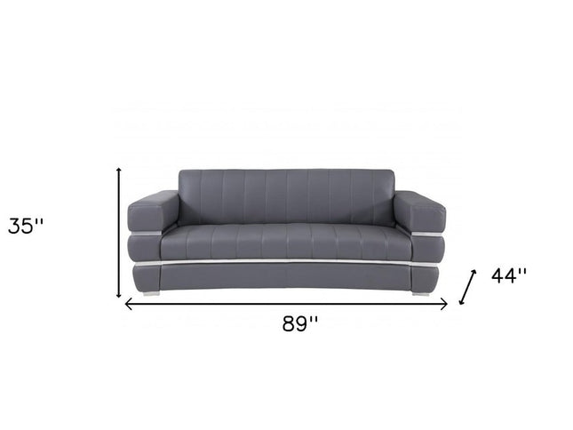 89" Dark Gray Italian Leather Sofa With Silver Legs