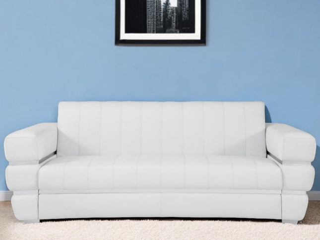 89" White Italian Leather Sofa With Silver Legs