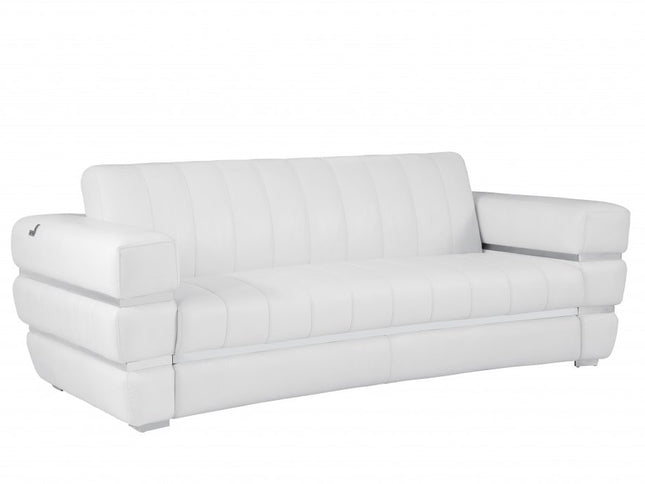 89" White Italian Leather Sofa With Silver Legs